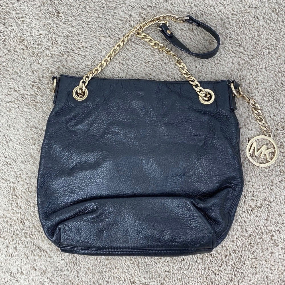 Michael Kors Shoulder‎ Bag Black Leather Slouchy Chain MK Charm Gold Tone Purse